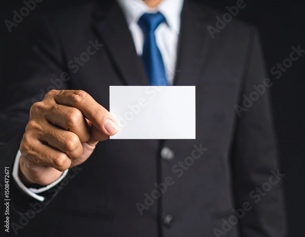 Obraz Office worker holding a horizontal business card, black background, strict business style, focus on hands and card.