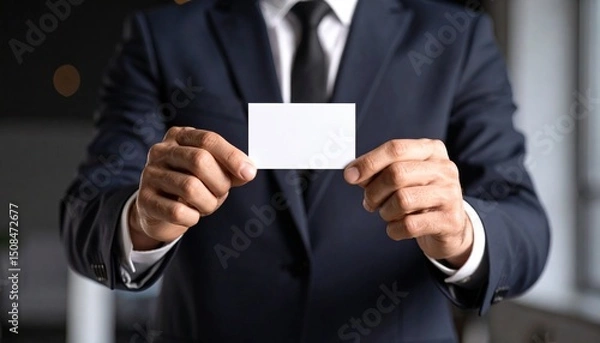 Fototapeta A man in a classic suit showing a blank business card with both hands, neutral background, business portrait without showing the face.