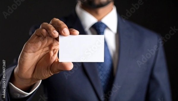 Obraz Office worker holding a horizontal business card, black background, strict business style, focus on hands and card.
