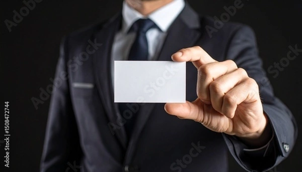 Obraz Office worker holding a horizontal business card, black background, strict business style, focus on hands and card.
