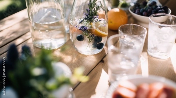 Fototapeta Summer detox infused waters enhance outdoor brunch experience with fresh produce and garden flowers at a rustic table