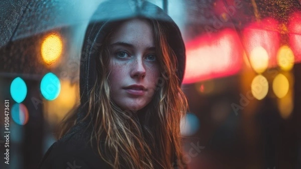 Fototapeta Portrait of a Girl Standing in the Rain Under an Umbrella with Colors and City Lights in Background