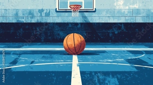 Obraz Solitary basketball on blue court, showcasing urban sport abstraction