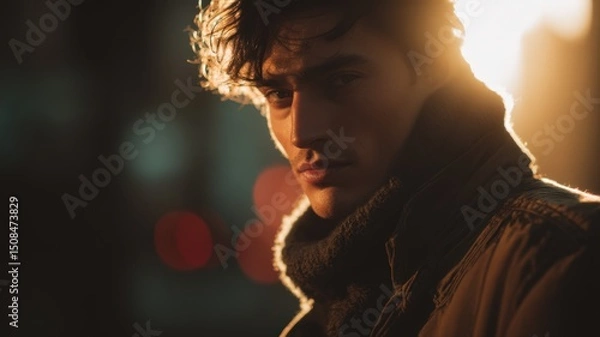 Fototapeta Portrait of a Handsome Man in a Stylish Jacket with a Contemplative Expression at Sunset in Urban Environment