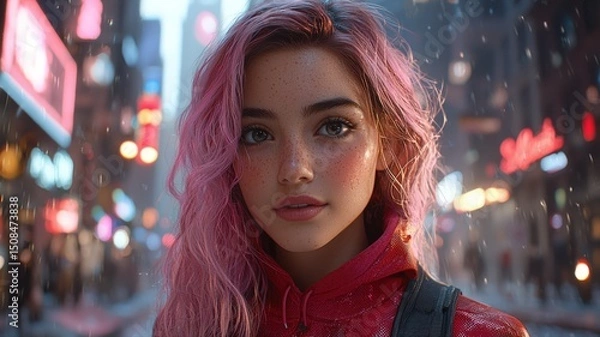 Fototapeta Portrait of a Girl with Dreamy Eyes and Pink Hair Surrounded by a Soft Blurred Bokeh Background