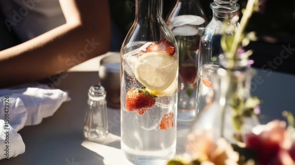 Fototapeta Refreshing fruit infused sparkling water served on a sunlit table with wildflowers and linen napkins during a warm outdoor gathering