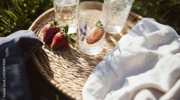 Fototapeta Delightful picnic setup with fruit infused sparkling water and fresh fruit on a cozy blanket in a sunny outdoor setting