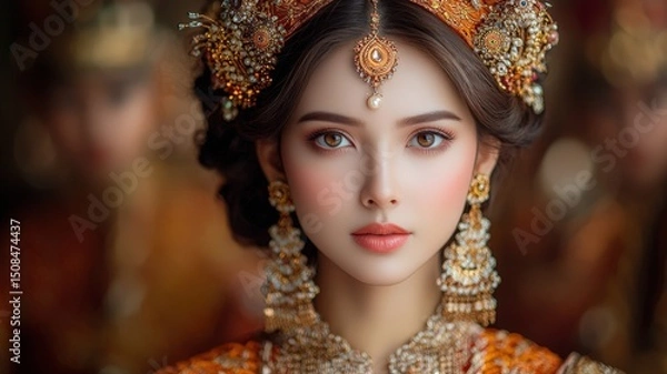 Fototapeta Portrait of a Javanese Bride in Traditional Wedding Attire with Ornate Jewelry and Elegant Expression