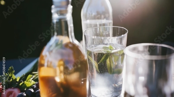 Fototapeta Homemade kombucha cocktail bar at a garden party featuring fresh herbs and fruit for refreshing spritzers
