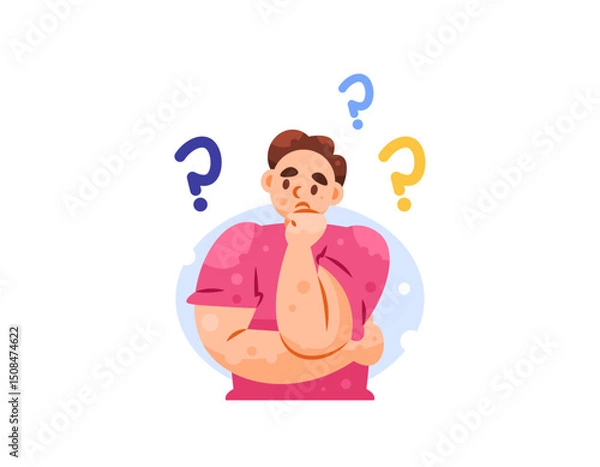 Fototapeta illustration of a man looking confused and wondering. confused person. boy with question mark symbol. thinking and finding solution. gesture and expression. flat style character design. elements