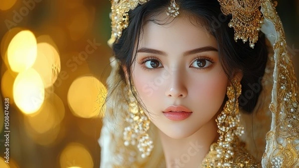 Fototapeta Portrait of a Javanese Bride in Traditional Wedding Attire with Golden Accents and Soft Glow