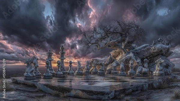 Fototapeta An artificially intelligent creation featuring a medieval castle and chess pieces, illustrating the calculated moves and strategic battles of a bygone era