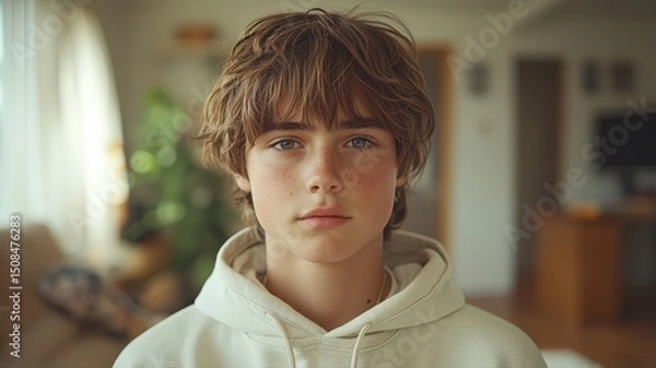 Fototapeta Portrait of a Scandinavian Teenager in Soft Cotton Hoodie with Natural Light in Indoor Setting