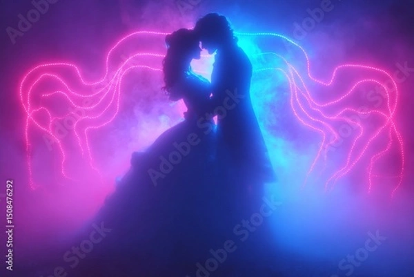 Fototapeta A couple's intimate hug within a dreamlike blue waterscape stirs emotions of love, serenity, and fantasy