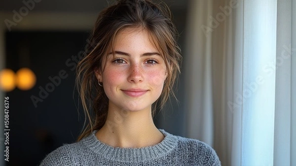 Fototapeta Portrait of a Serene Young Girl with Freckles Smiling in a Cozy Indoor Setting with Natural Light
