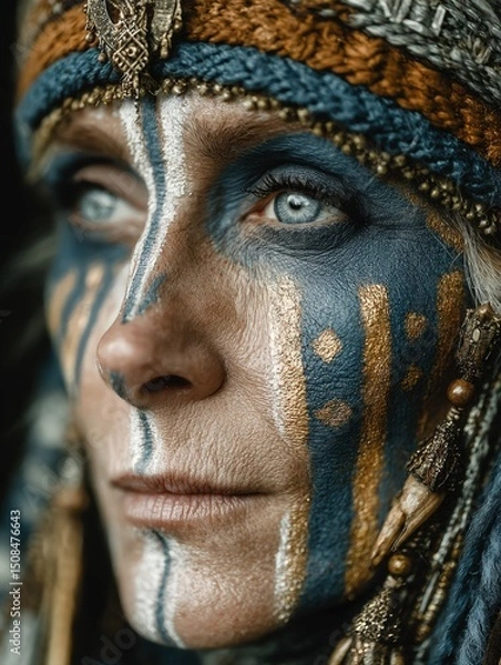 Fototapeta Portrait of a Modern Shaman Woman with Painted Face in Intense Expression and Cultural Accessories