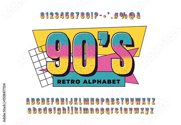 Obraz Modern Retro Alphabet in Neon Colors - Bold 80s, 90s Style Font with 3D Letters and Numbers for Posters and Party Designs.