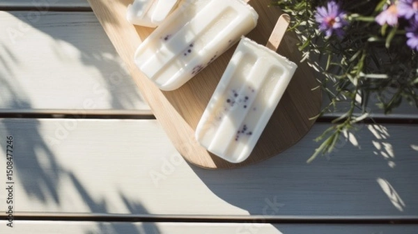 Fototapeta Homemade yogurt popsicles with strawberries and chia seeds on a rustic table under bright summer sunlight