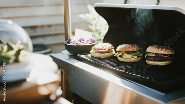 Fototapeta Summer BBQ featuring vegan grilling in a rustic backyard with plant based burgers topped with fresh ingredients