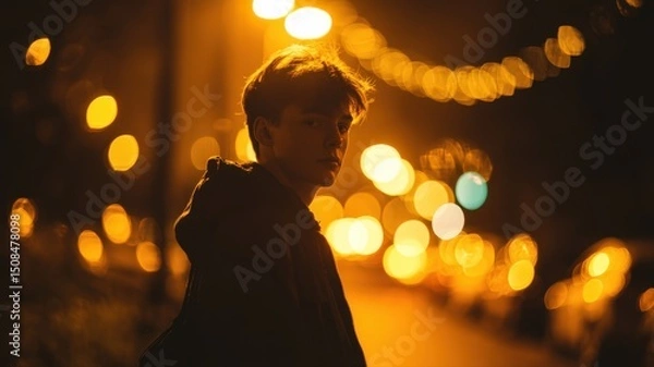 Fototapeta Portrait of a Teenage Boy Under a Streetlight at Night with Bokeh Lights in an Urban Setting
