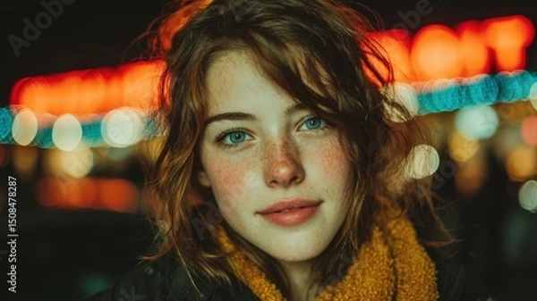 Fototapeta Portrait of a Teenage Girl with Soft Expression and Freckles Against a Night Bokeh Background