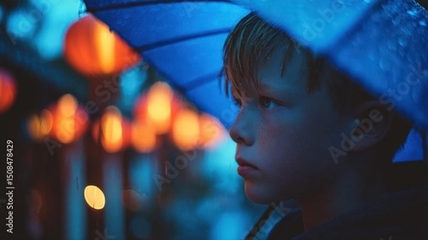 Fototapeta Portrait of a Thoughtful Boy Under a Blue Umbrella on a Rainy Evening with Lanterns