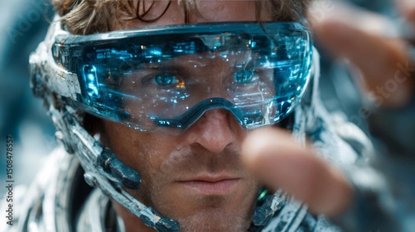 Fototapeta Close-up of a man's face illuminated by the glow of virtual reality glasses, digital holograms