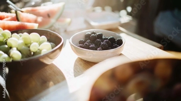 Fototapeta Fresh summer fruits displayed at a farmers market table basking in sunlight with colorful bowls and trays