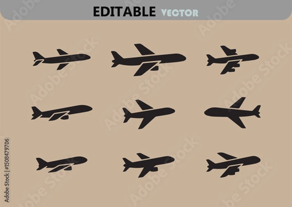 Obraz Collection of Black Airplane Icons in Vector Format Showing Different Aircraft Designs Suitable for Travel Transportation or Aviation Related Projects and Designs