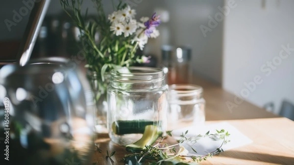 Fototapeta Zero waste summer cooking with a DIY pickling station showcasing cucumber peels, herb stems, and overripe produce in glass jars on a sunny wooden table