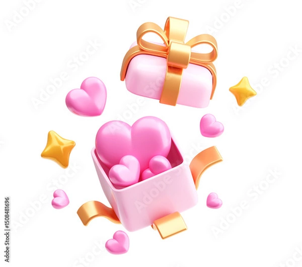 Fototapeta 3D Render of Pink Gift Box with Hearts and Stars on Transparent Background