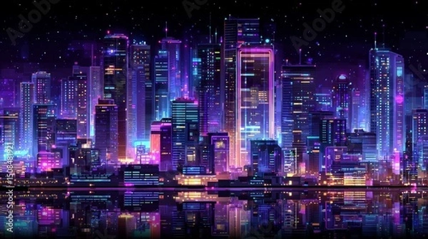 Fototapeta Blockchain metaverse illustration of digital real estate as a smart city NFT rendering