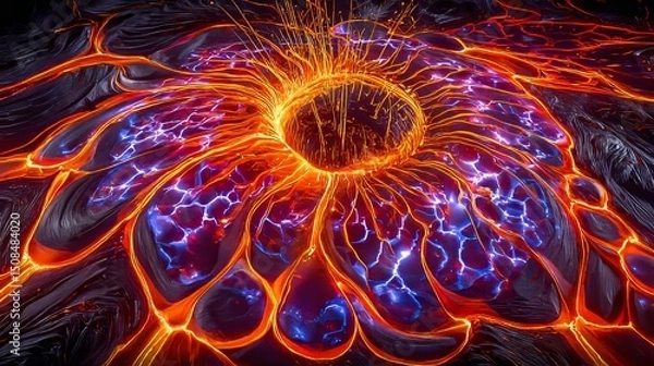 Fototapeta An aerial view of an active volcanic eruption from a helicopter creates a surreal scene