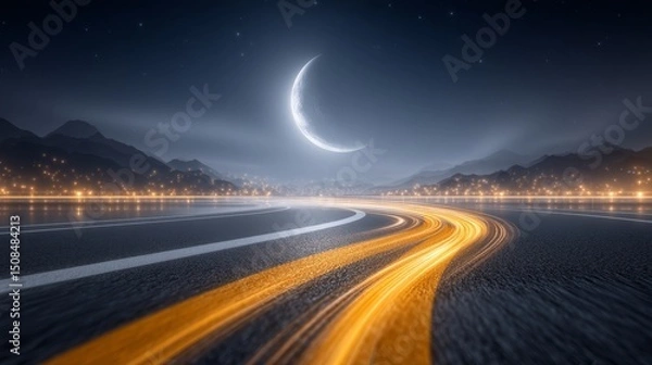 Fototapeta A surreal alien landscape swallows a deserted highway that stretches out under a crescent moon and starry night sky