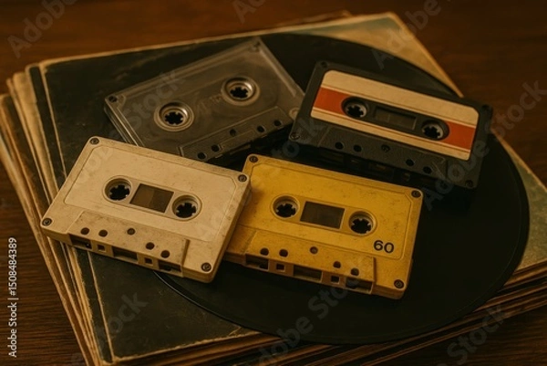 Fototapeta Collection of vintage audio cassettes resting on vinyl records captured in a nostalgic setting with rich textures and warm lighting