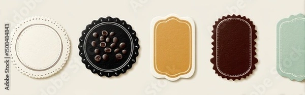 Fototapeta A collection of vintage ornamental frames for labels, including retro designs, royal wedding emblems, sale stickers, and invitation card templates, presented as isolated modern symbols