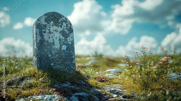 Fototapeta Weathered Gray Tombstone on Small Hill with Subtle Shadows