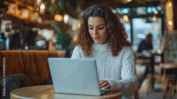 Obraz Young woman working on her laptop in cozy cafe enjoying free time