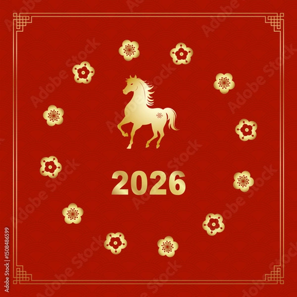 Fototapeta Happy Chinese New Year 2026 background. Year of the Horse design wallpaper. Modern luxury oriental illustration for cover, banner, website, envelope, social media post