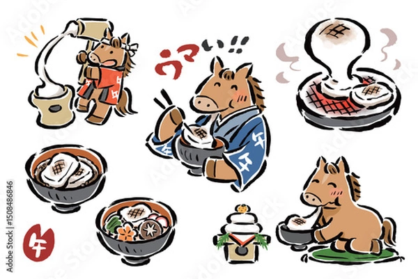 Obraz お正月に餅を楽しむ干支の馬（午）　餅つき・焼き餅・善哉・お雑煮・鏡餅