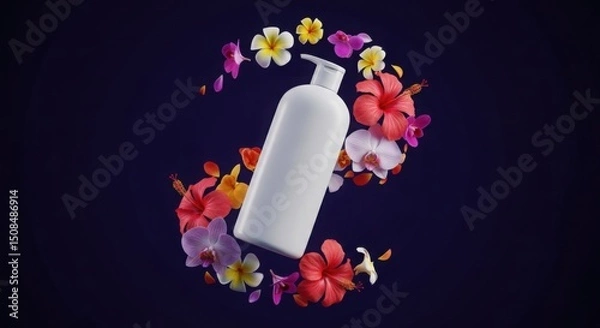 Obraz A shampoo bottle floating in a spiral of colorful tropical flower petals, dramatic lighting, beauty product concept
