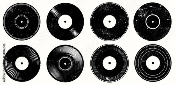 Obraz Vintage vinyl records and gramophone discs are reimagined with trendy halftone stipple elements, a photocopy effect, and grunge punk dotted stickers for collage, resulting in modern retro