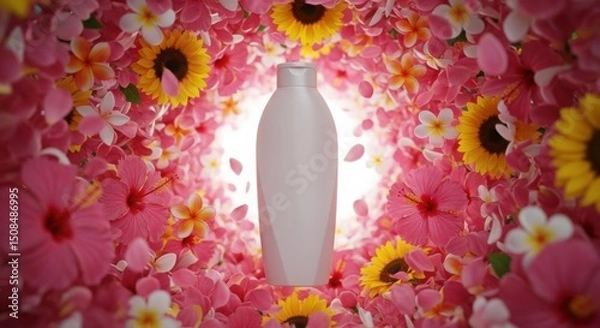 Obraz A shampoo bottle floating in a spiral of colorful tropical flower petals, dramatic lighting, beauty product concept