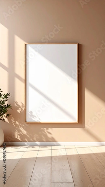 Fototapeta Minimal poster frame with white vases and green plants on beige wall, modern home decor mockup in natural light
