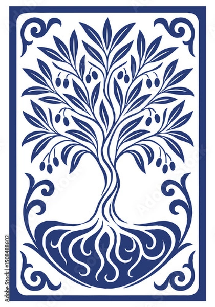 Fototapeta Olive tree with stylized leaves and small fruits. Suitable for branding, product packaging, labels and Mediterranean-themed designs.