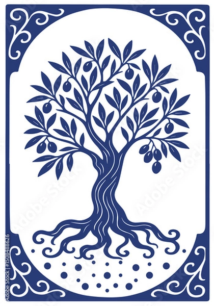 Fototapeta Olive tree with stylized leaves and small fruits. Suitable for branding, product packaging, labels and Mediterranean-themed designs.