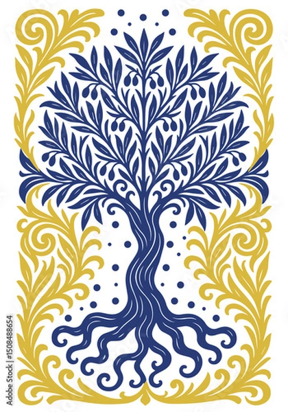 Fototapeta Olive tree with stylized leaves and small fruits. Suitable for branding, product packaging, labels and Mediterranean-themed designs.