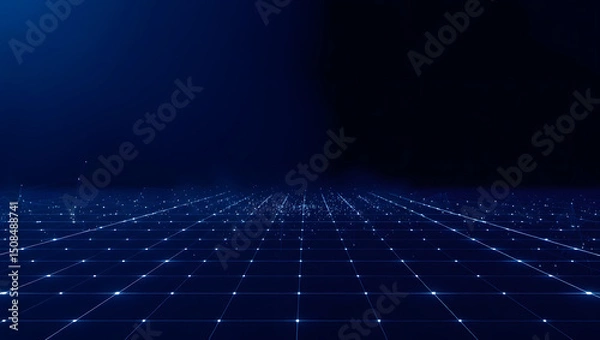 Fototapeta Digital Landscape: A futuristic, minimalist digital grid expanse in shades of blue and black, symbolizing data, technology, and innovation, ideal for modern design concepts.