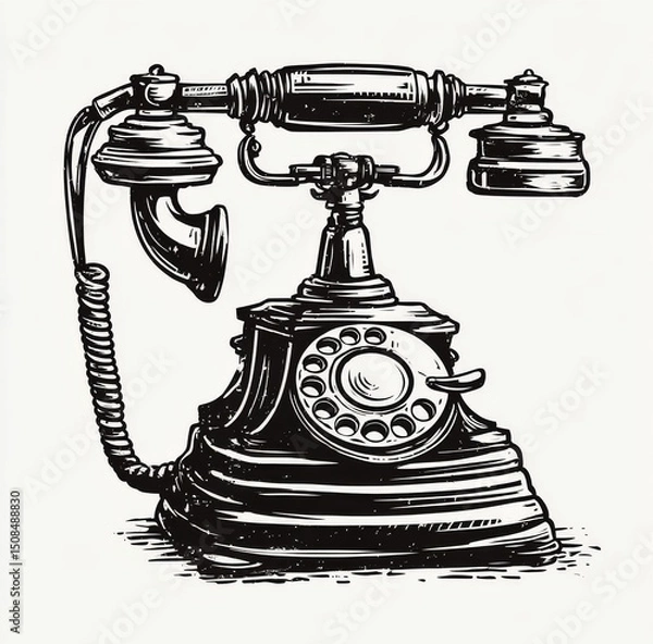 Obraz This digital AI image showcases a vintage retro telephone created using heavy black line art, with the telephone itself displaying a stylish and classic design