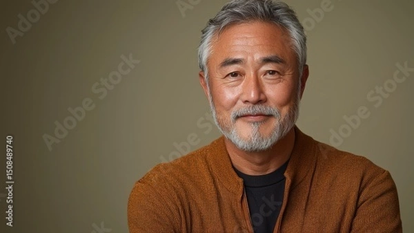 Fototapeta Relaxed Studio Portrait of a Smiling Southeast Asian Father with Gray Beard and Warm Expression